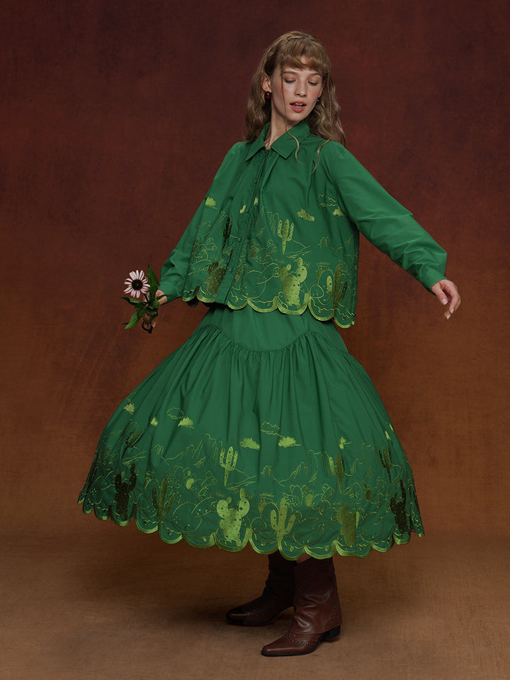 Vintage Pine Green Embroidered Midi Skirt | Relaxed Niche Design