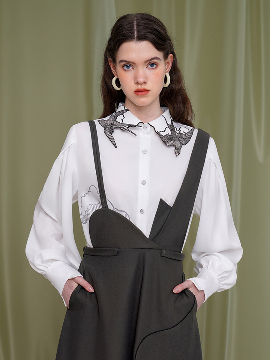 Original Embroidered Collar White Shirt Designer Style Small and Beautiful Versatile Top Women's Long Sleeve