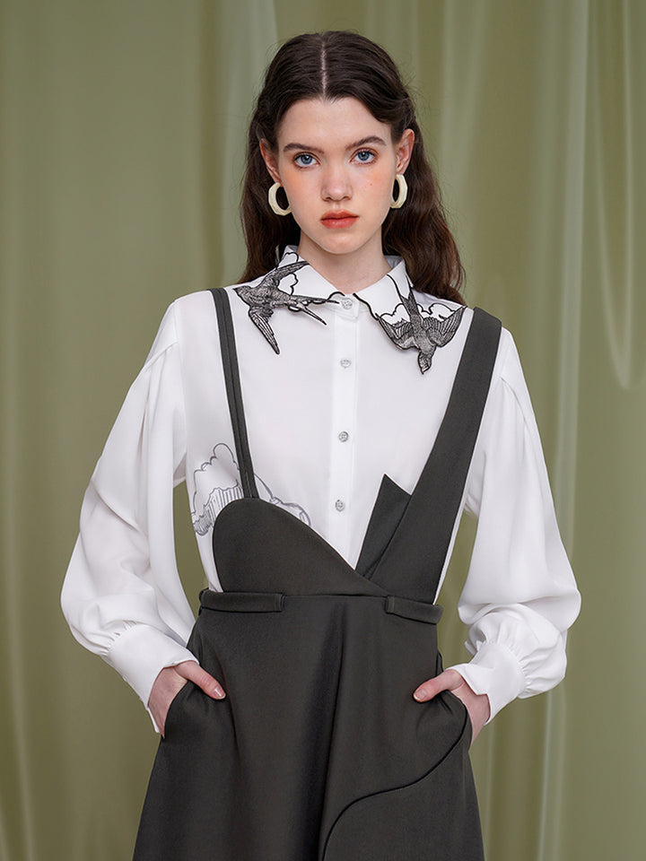 Original Embroidered Collar White Shirt Designer Style Small and Beautiful Versatile Top Women's Long Sleeve