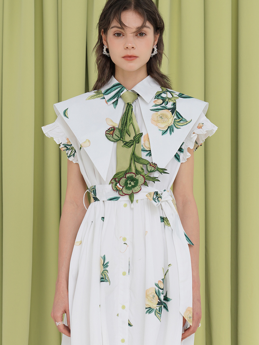 Original Early Spring French Romantic Plant Printed Tea Break Skirt for Palace Girls Retro Chic Dress for Women