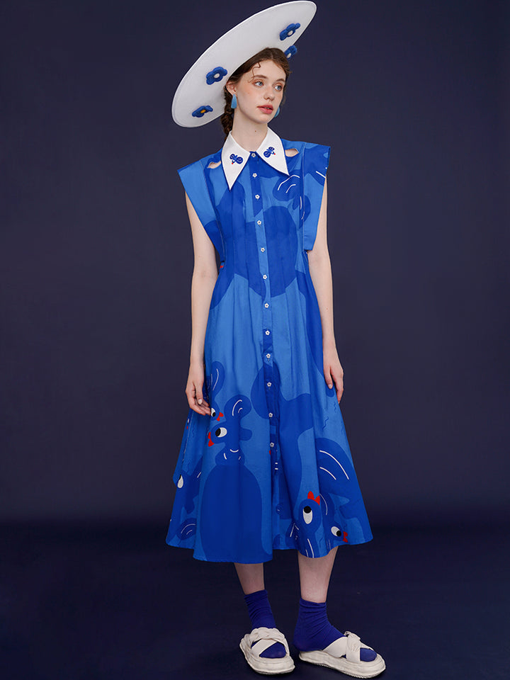Blue Aviary French Retro Dress - Bird Graffiti Print Sleeveless Slimming Maxi