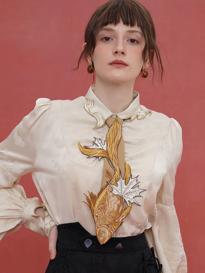 Original Chinese style sinking fish leaf tie for women, paired with shirt design, niche embroidery tie accessories