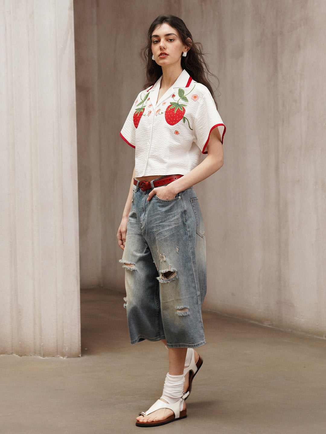 Strawberry Embroidered Cuban Collar Short-Sleeve Shirt