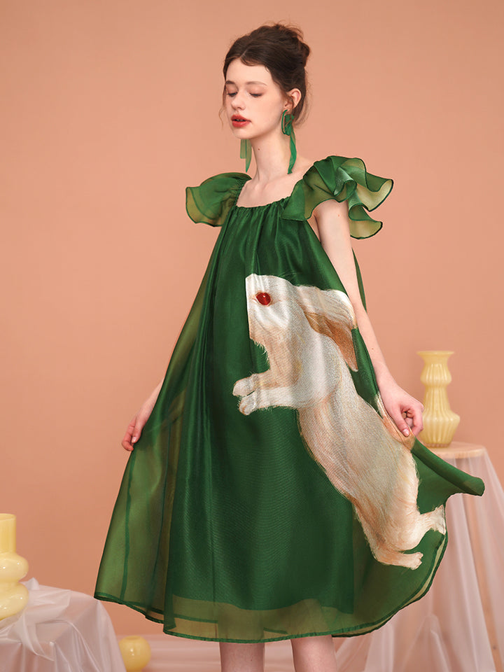 Whimsical Rabbit French Retro Dress - Romantic Flutter Sleeve Fairy Slimming Midi