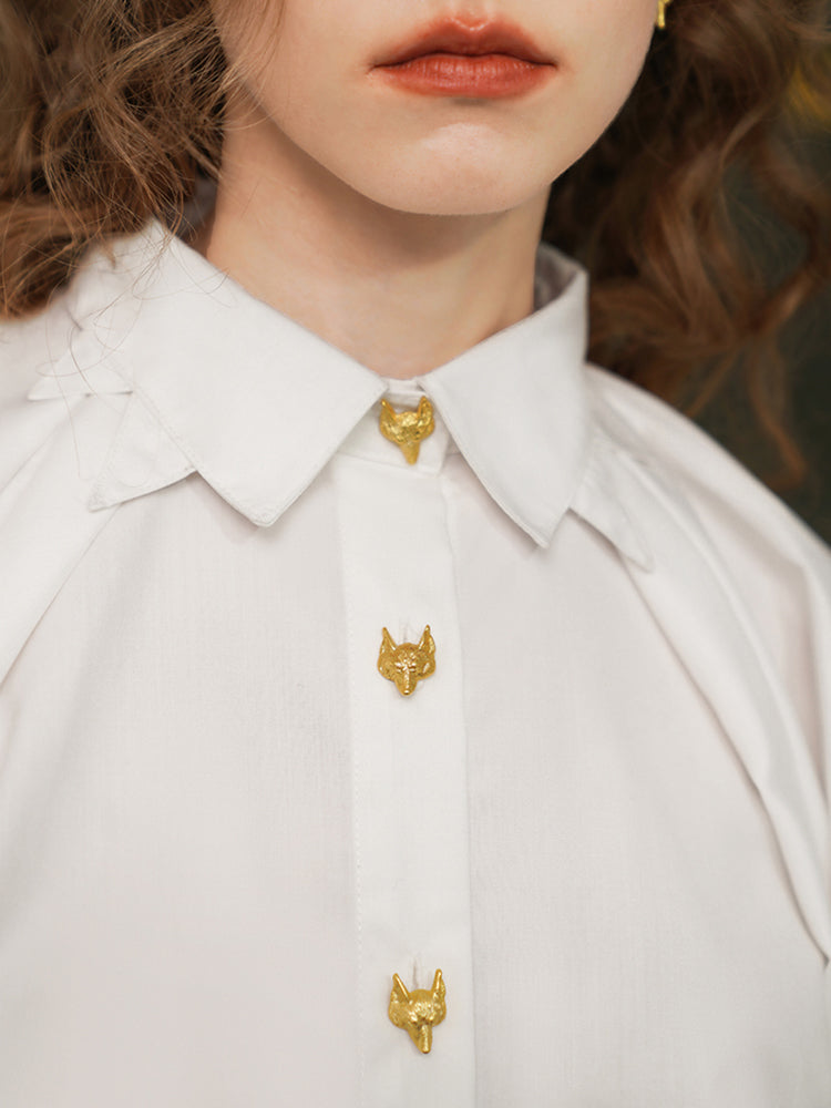 Fox Spirit  Lantern Sleeve Shirt - Heavy Embroidered Vintage White Blouse