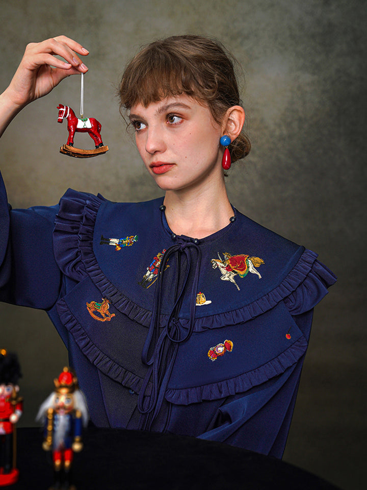 Nutcracker Embroidered Shirt with Detachable Shawl - French Retro