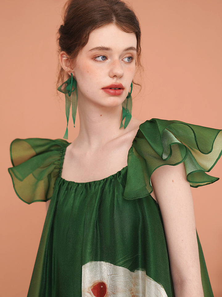 Original French retro printed rabbit pattern flying sleeve dress for women, short sleeved romantic and super fairy slimming dress