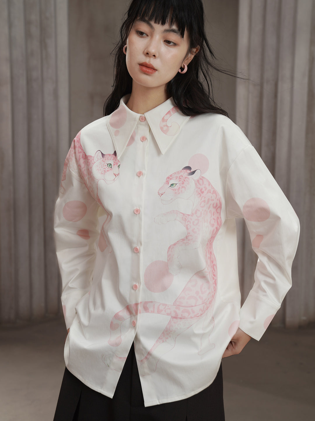 Pink Leopard Hand-Painted Shirt - Artistic Retro Oversized Lapel Blouse