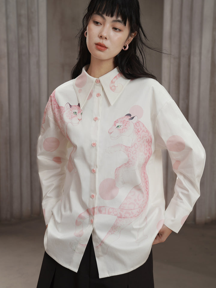 Pink Leopard Hand-Painted Shirt - Artistic Retro Oversized Lapel Blouse