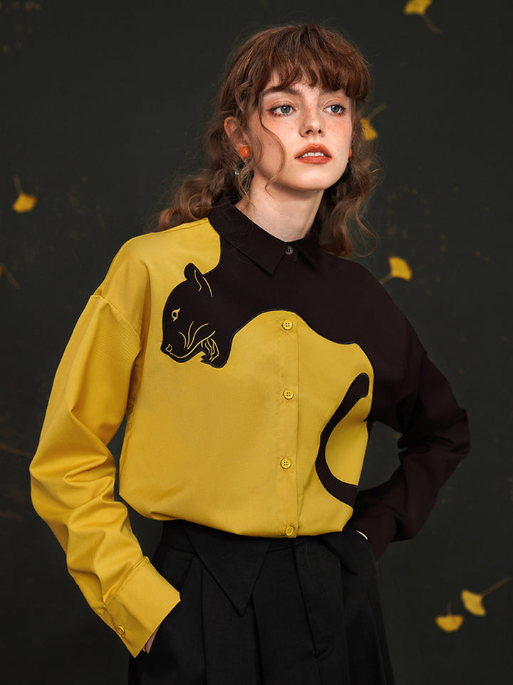 Original sleeved contrasting leopard shirt with artistic style retro spring top for women