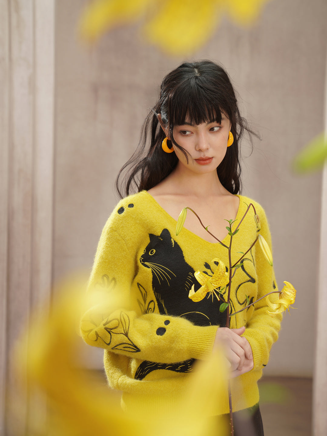 Vintage V-Neck Knitted Sweater – Black Cat Embroidery, Rabbit Hair Blend