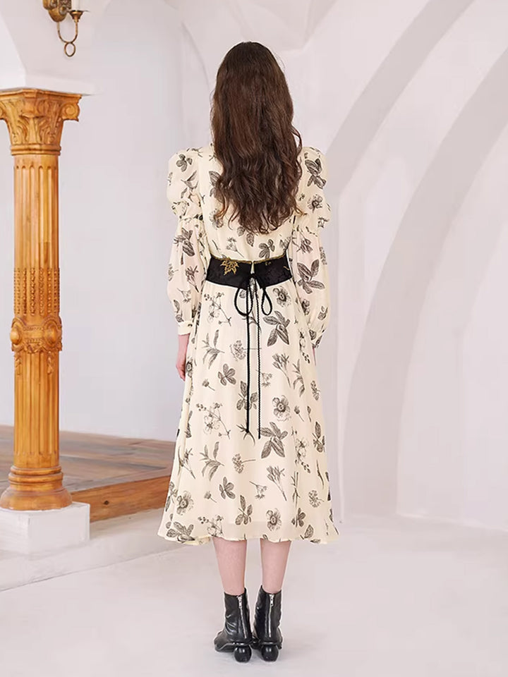 Apricot Botanical" French Dress - Retro Plant Print Slimming Commuter Midi