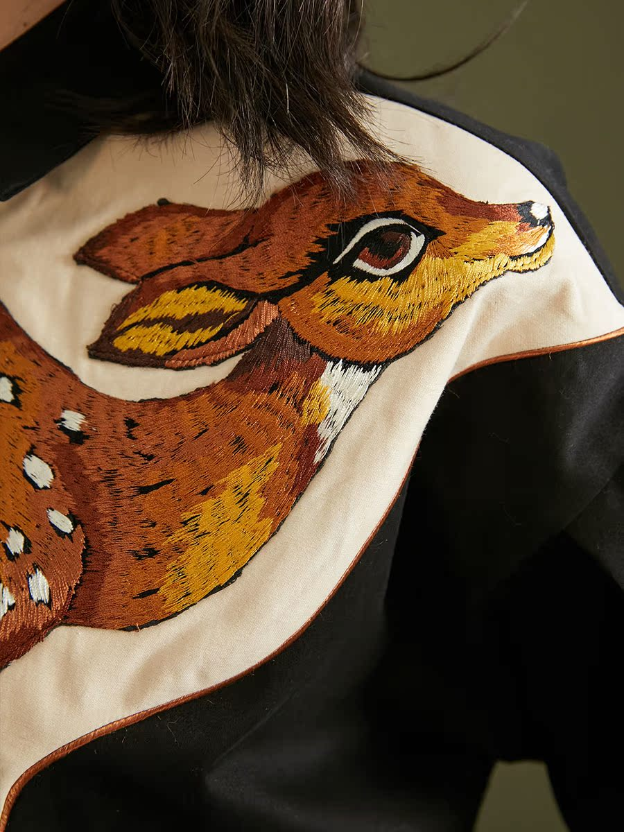 Forest Deer  Thick Cotton Shirt -  Heavyweight Embroidered Contrasting Top