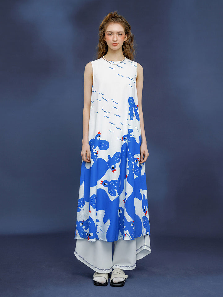 Original Summer Refreshing Blue and White Hand drawn Illustration Art Printed Dress Color Contrast Design Tank Top Long Dress