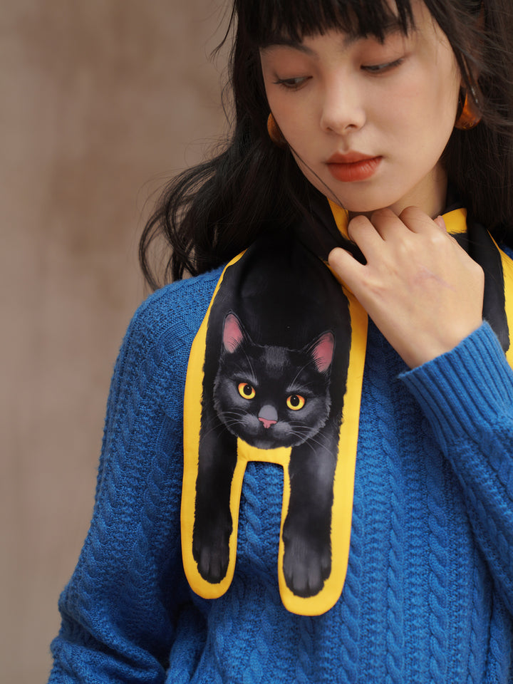 Golden Whiskers Little Black Cat Scarf - Smooth Silk-Feel Bright Yellow Neck Wrap