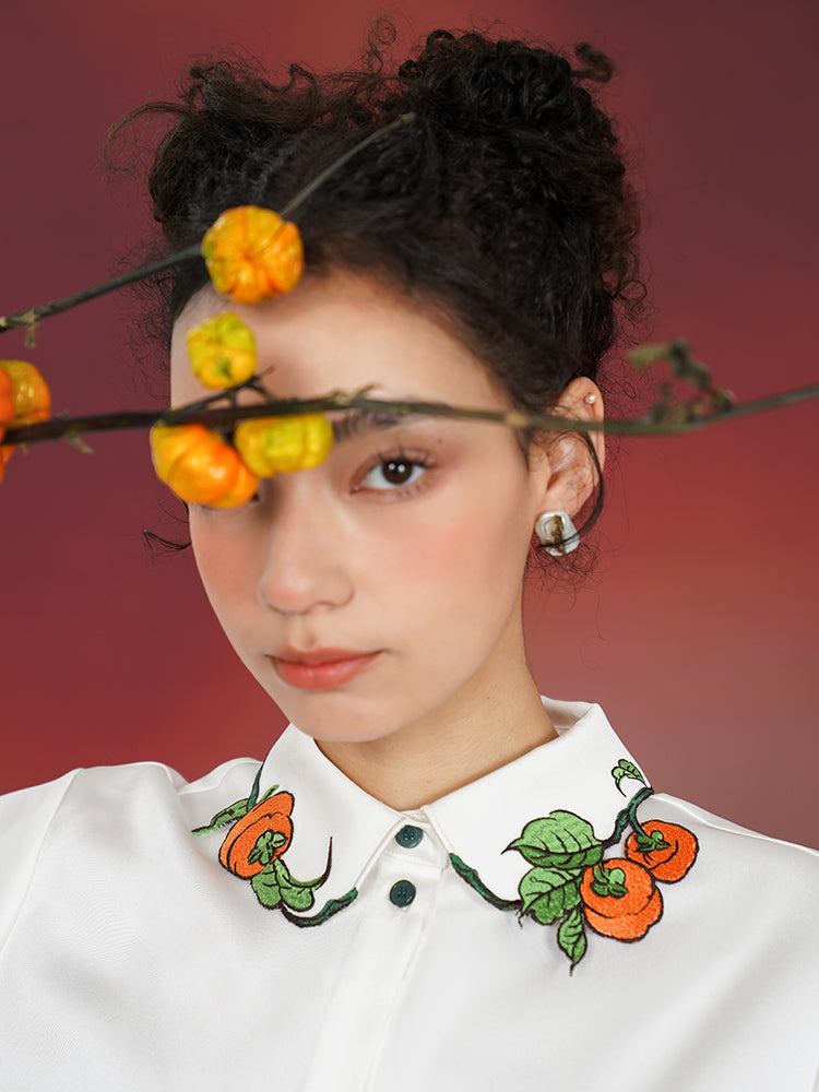 Persimmon Bliss  Cream Blouse - High-End New Chinese Retro Embroidered Top