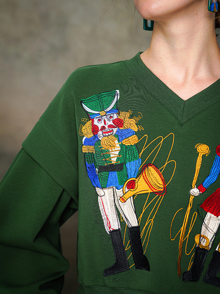 Nutcracker Embroidered Wide V-neck Hoodie with Spliced Sleeves