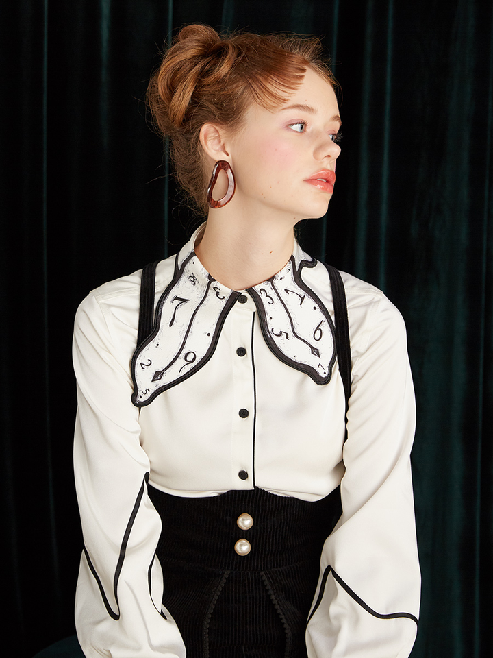 Early Autumn Original Design Time Passes Printed Embroidery Clock Collar Design Sense Niche Black and White Shirt for Women