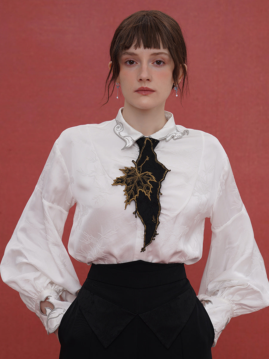 Original retro Chinese style embroidered shirt, tie, women's decoration, casual and super beautiful autumn maple leaves, niche