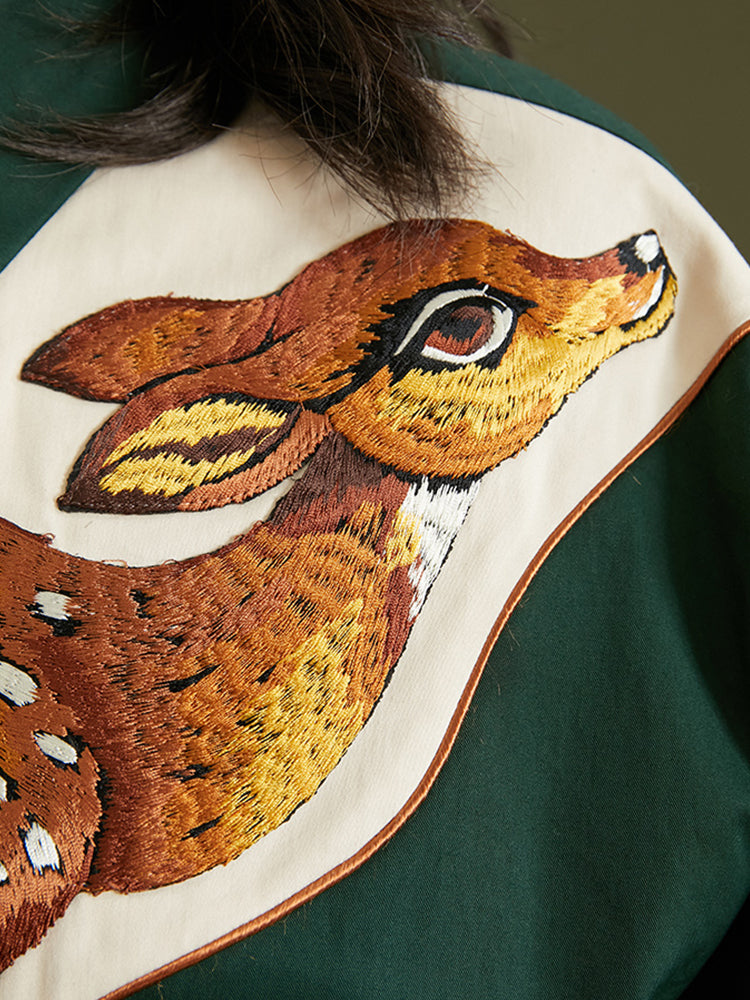 Forest Deer  Thick Cotton Shirt -  Heavyweight Embroidered Contrasting Top