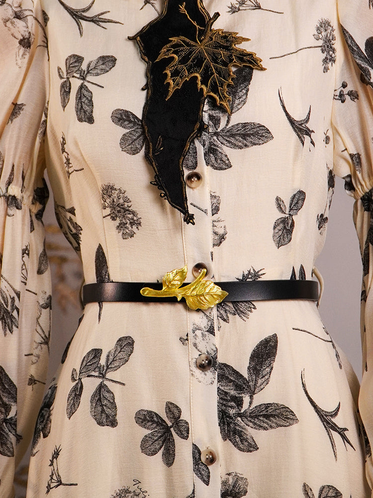 Metal belt with vintage style, featuring a leaf-shaped alloy and interchangeable buckle