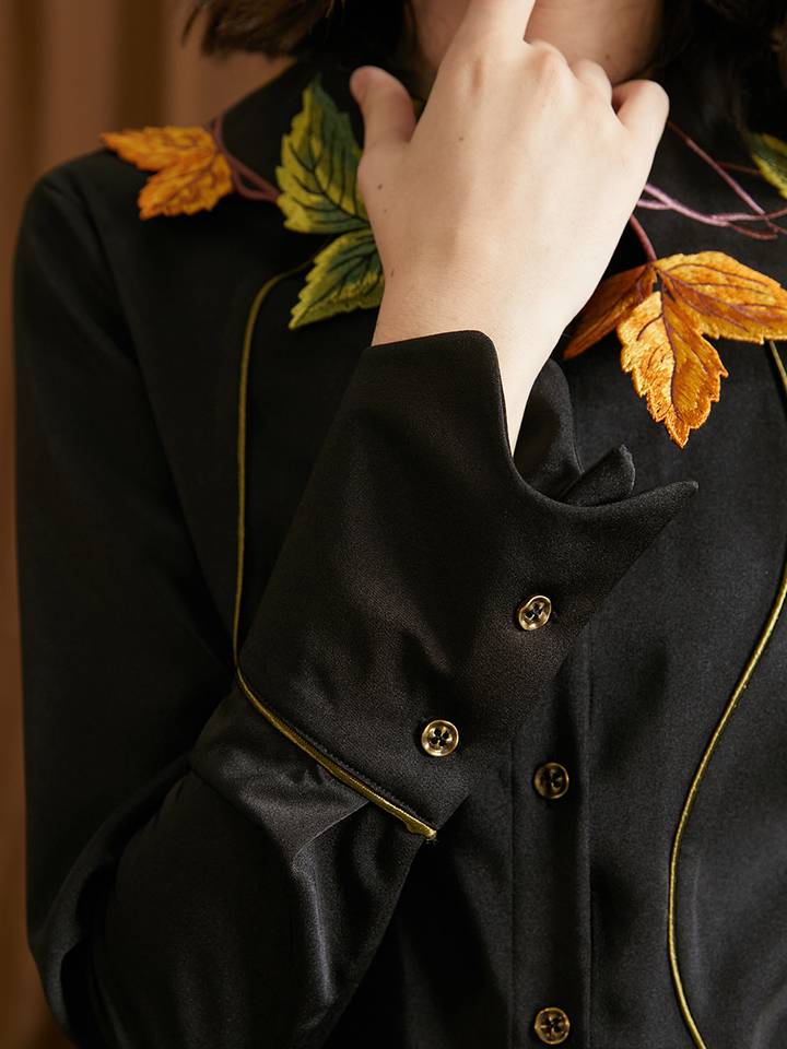 Original New Golden Leaf Embroidered Collar Bat Long Sleeve Retro French Shirt for Women Autumn and Winter