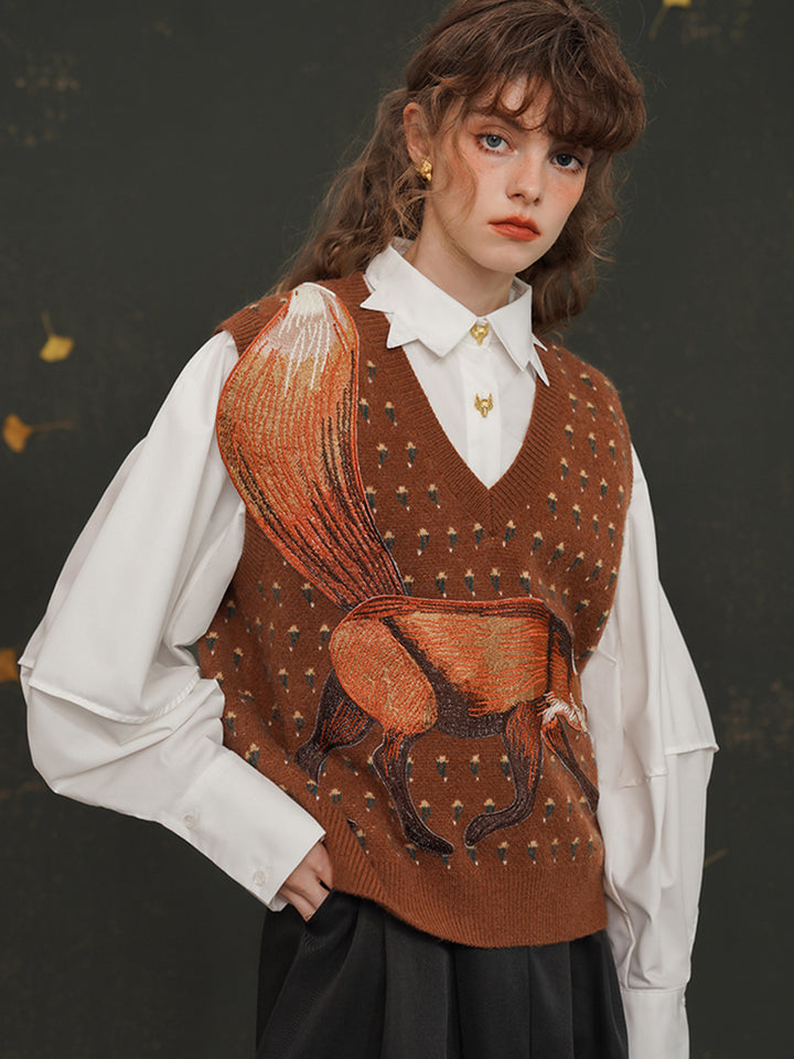 Forest Fox  Embroidered Knit Vest - Vintage V-Neck Sleeveless Sweater
