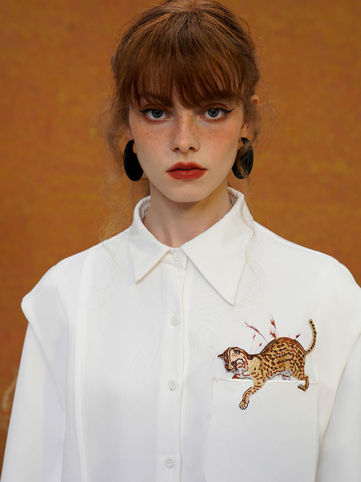 Playful Leopard Cat Shirt - Original Retro Artistic White Long-Sleeved Blouse