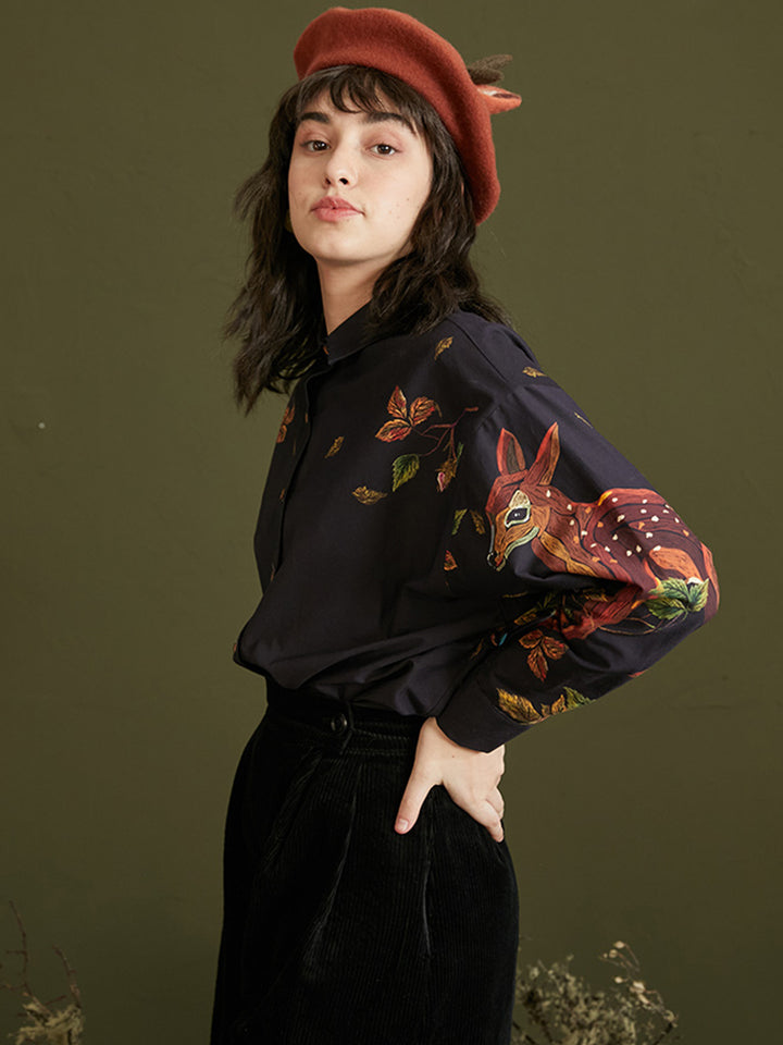 Hand-Drawn Deer Art Shirt - Original Retro Silhouette Long-Sleeved Top
