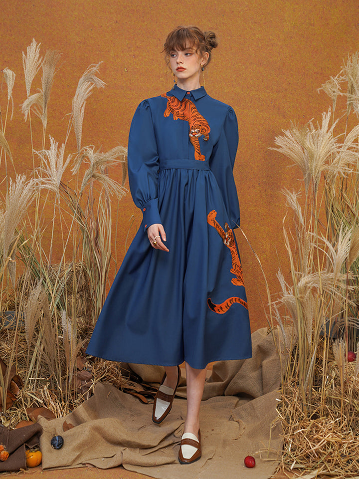 Blue Tiger  French Dress - Original Embroidered Slimming Commuting Midi