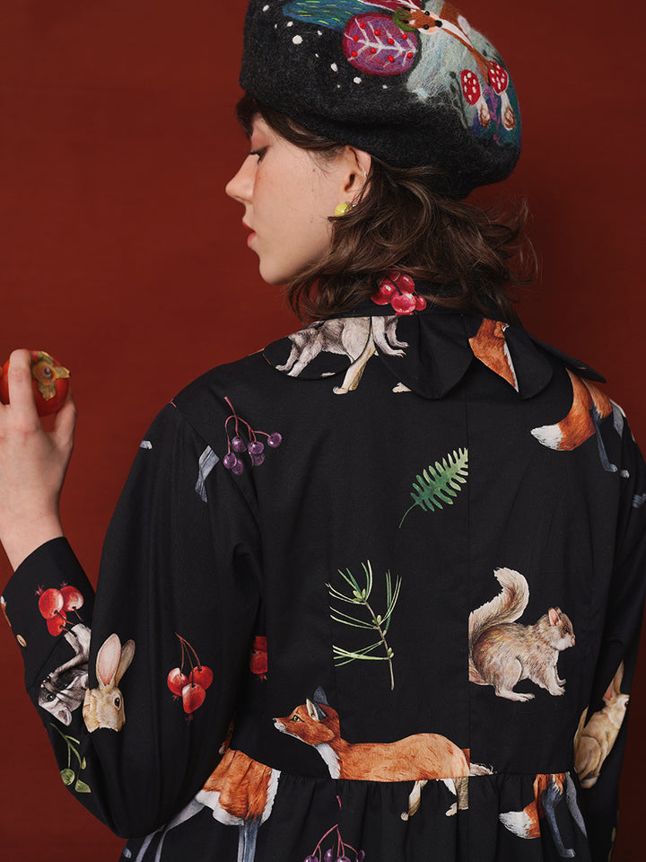 Art Gallery Petal Collar Dress - Retro Animal Illustration Waist-Cinching Maxi