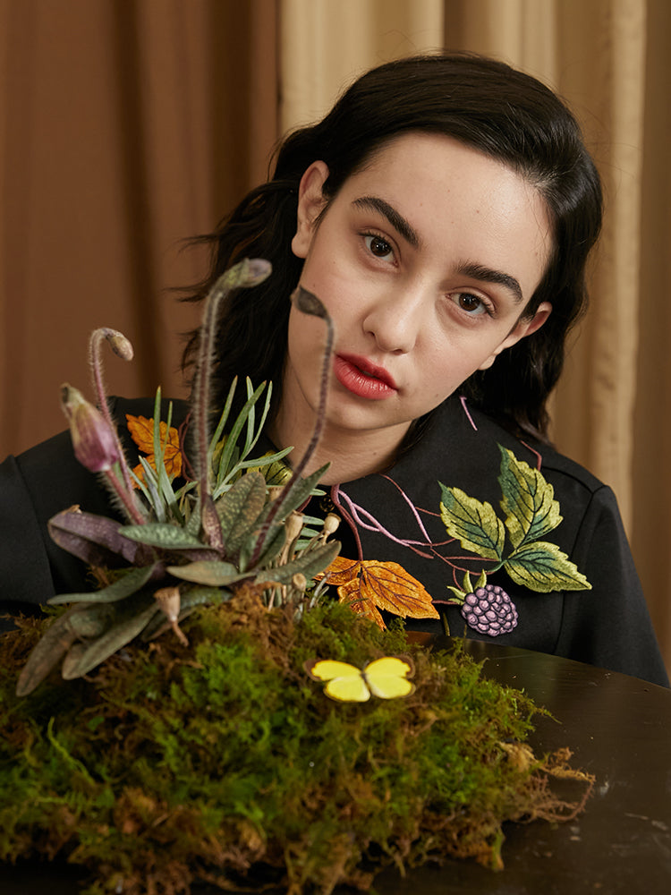 Leaf French Shirt - Original Embroidered Collar Retro Batwing Sleeve Top