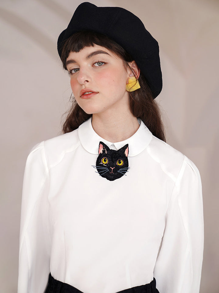 Original retro embroidered bow tie for women, delicate cat head shirt accessories, niche design, couple pairing