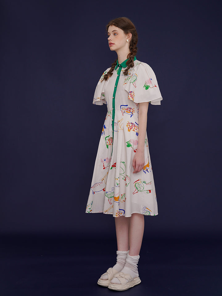 Whimsical Aviary" French Retro Dress - Graffiti Print Slimming White Midi
