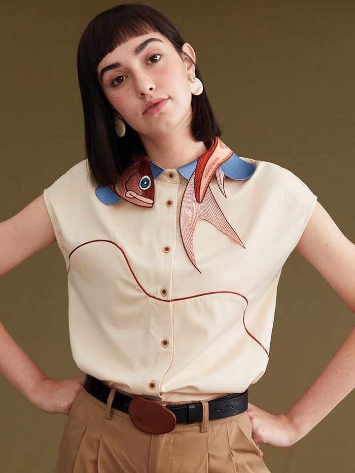 Original design: New retro koi fish bone embroidered collar sleeveless commuting shirt for women's summer short sleeved top