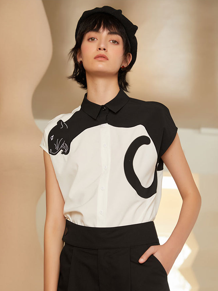 Urban Feline Leopard Shirt - Original Art Style Color Contrast Slimming Short Sleeve Blouse