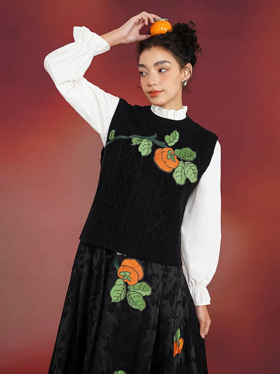 Original Chinese style embroidered vest, persimmon vest, sleeveless round neck, new Chinese retro style outerwear, layered sweater
