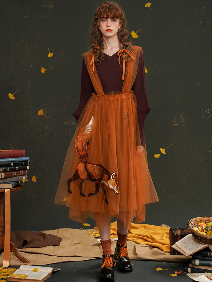 Original Fox Girl Multi layer Stacked Large Pendant Skirt Retro Maple Leaf Autumn Pong Skirt Strap Half body Skirt