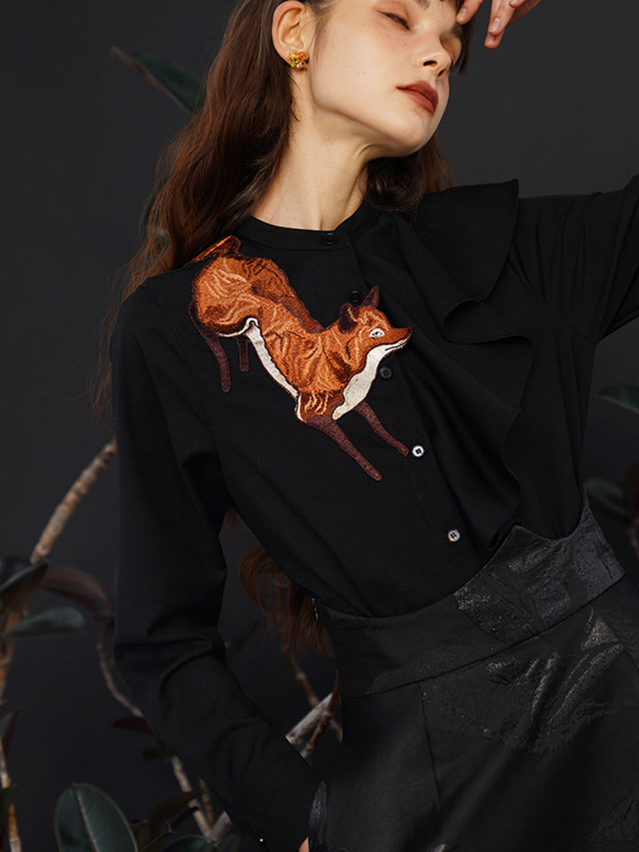 Fox Story  Heavy Embroidered Shirt - Retro Ruffle Wave Blouse for Women