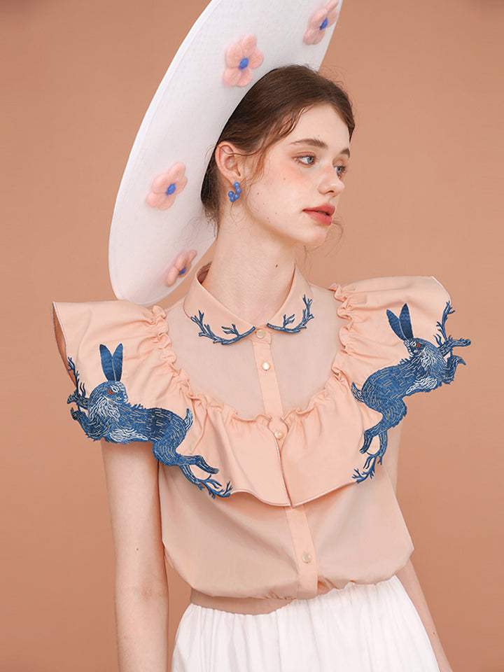 Whimsical Rabbit Embroidered Shirt - Retro Patchwork Niche Commuter Blouse