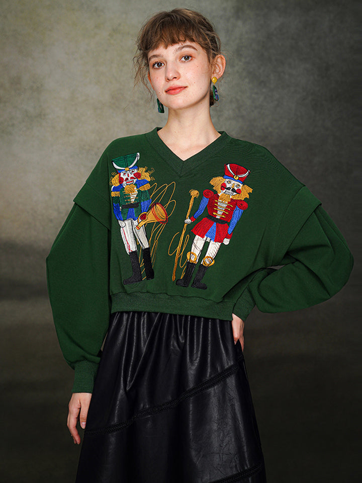 Original Design Nutcracker Embroidered Hoodie Wide V-neck Top Reduced Age Splicing Sleeves Autumn/Winter Collection