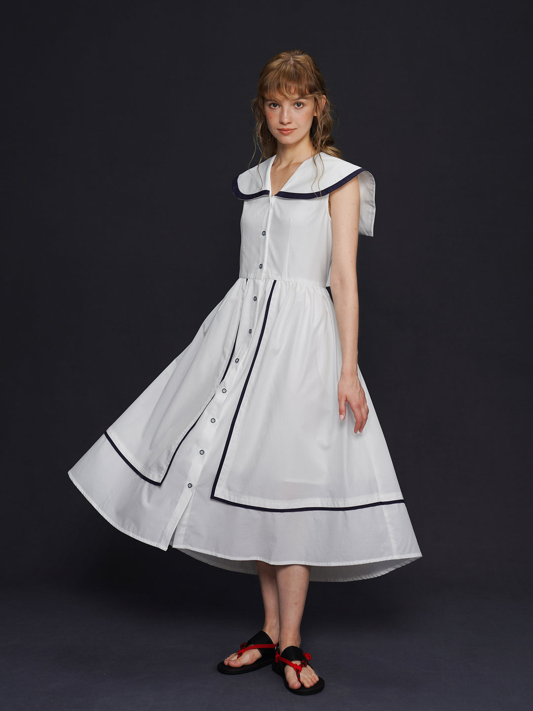 Academy Sailor French Midi Dress - Retro Navy Style Slimming Summer Shirt Dress