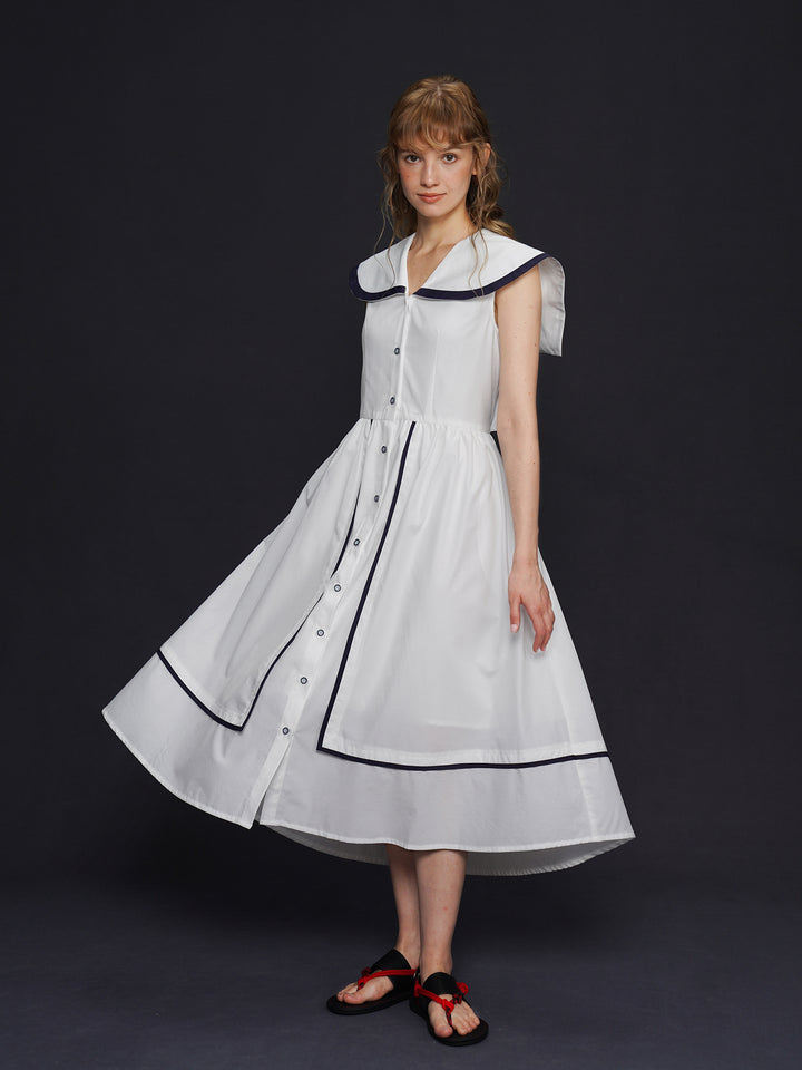 Academy Sailor French Midi Dress - Retro Navy Style Slimming Summer Shirt Dress