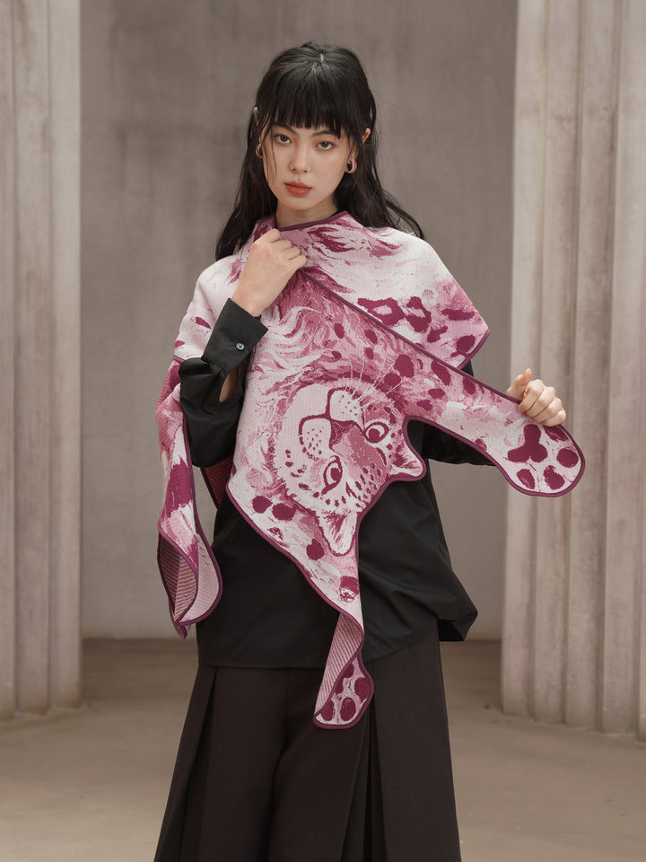 Pink Panther Blended Wool Big Shawl - Retro Knitted Animal Cape Scarf
