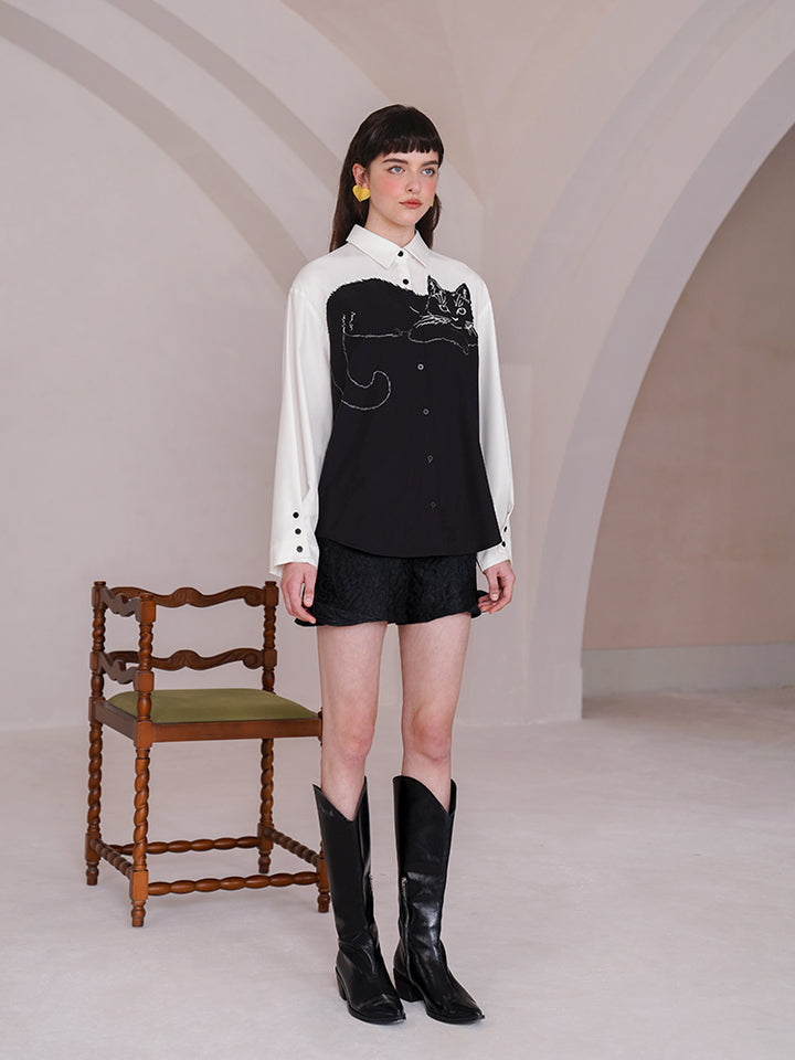 Stitched Artistry  Retro Blouse - Niche Contrasting Spliced Embroidered Shirt