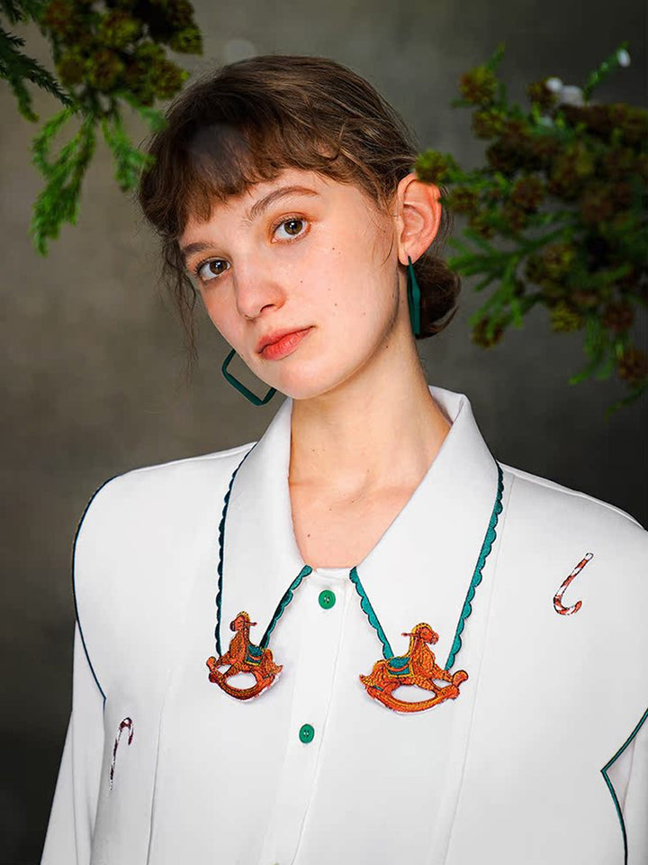 Original design, niche carousel embroidery collar splicing, retro contrasting white shirt, 2023 autumn/winter women's