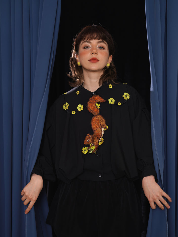 Forest Whisper Embroidered Jacket - Retro Squirrel & Flower Off-Shoulder Niche Top