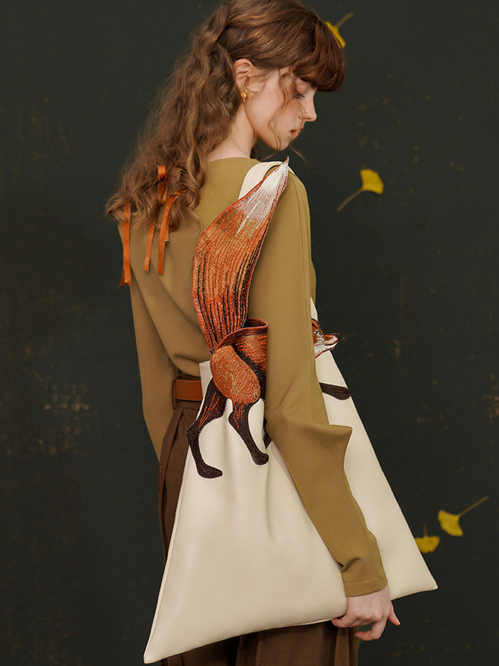 Original Design Fun Leaping Fox Shoulder Bag CAMOOONI Large Capacity Embroidered PU Handheld Canvas Bag for Women