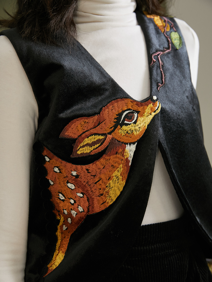 Original Design Autumn Elegant Deer Embroidery Branch Embroidery Velvet Vest V-neck Single breasted Buckle