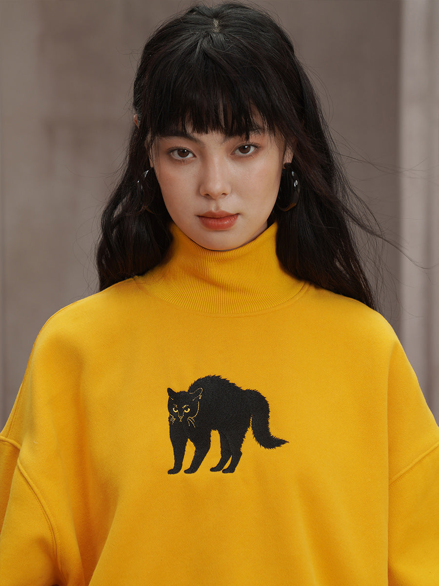 Sun Yellow Embroidered Black Cat Sweatshirt - Retro Streetwear Pullover with Half High Neck, Cute Embroidery Graphic Sweatshirt for Women